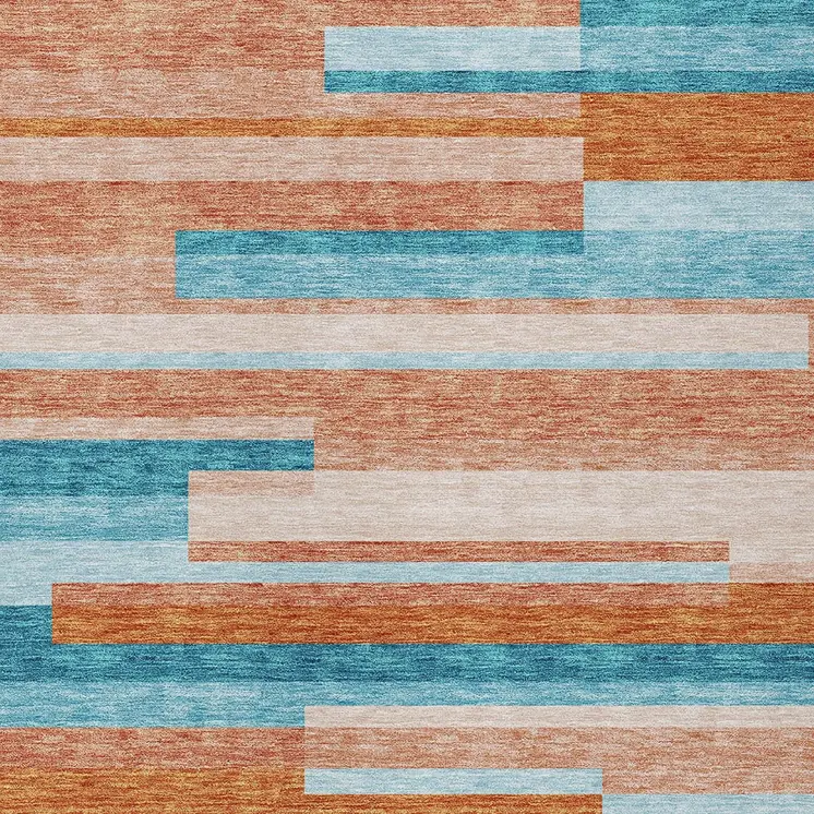 5' X 8' Orange Teal Blue And Salmon Striped Washable Indoor Outdoor Area Rug