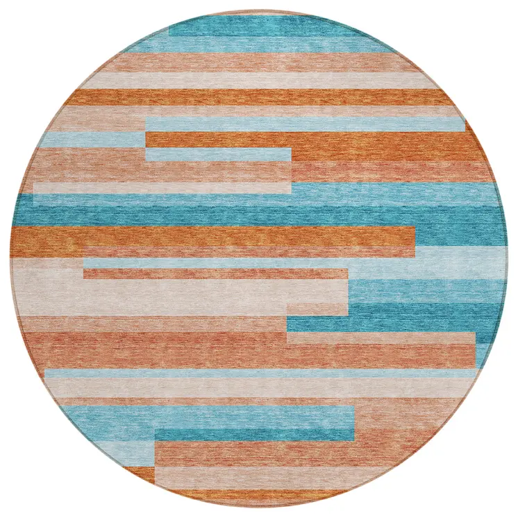 8' Orange Teal Blue And Salmon Round Striped Washable Indoor Outdoor Area Rug