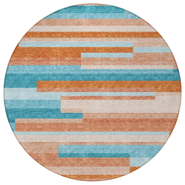 8' Orange Teal Blue And Salmon Round Striped Washable Indoor Outdoor Area Rug