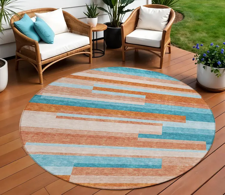 8' X 10' Orange Teal Blue And Salmon Striped Washable Indoor Outdoor Area Rug