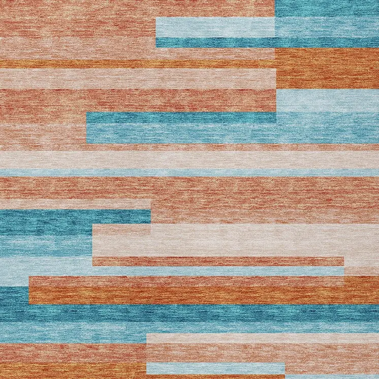 8' X 10' Orange Teal Blue And Salmon Striped Washable Indoor Outdoor Area Rug