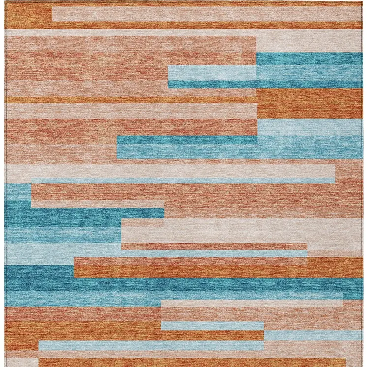 10' X 14' Orange Teal Blue And Salmon Striped Washable Indoor Outdoor Area Rug