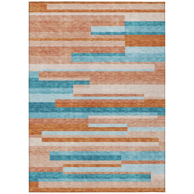 10' X 14' Orange Teal Blue And Salmon Striped Washable Indoor Outdoor Area Rug