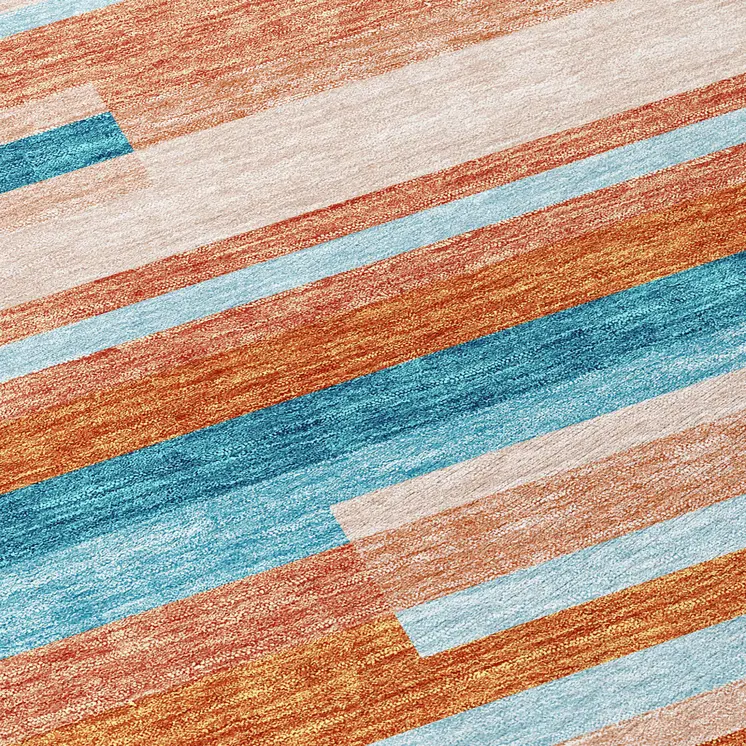 10' X 14' Orange Teal Blue And Salmon Striped Washable Indoor Outdoor Area Rug