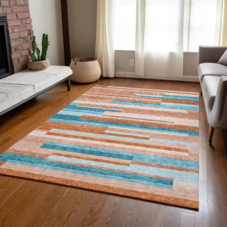 10' X 14' Orange Teal Blue And Salmon Striped Washable Indoor Outdoor Area Rug
