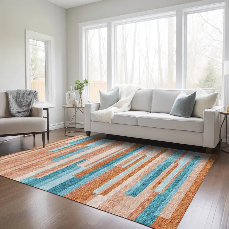 10' X 14' Orange Teal Blue And Salmon Striped Washable Indoor Outdoor Area Rug