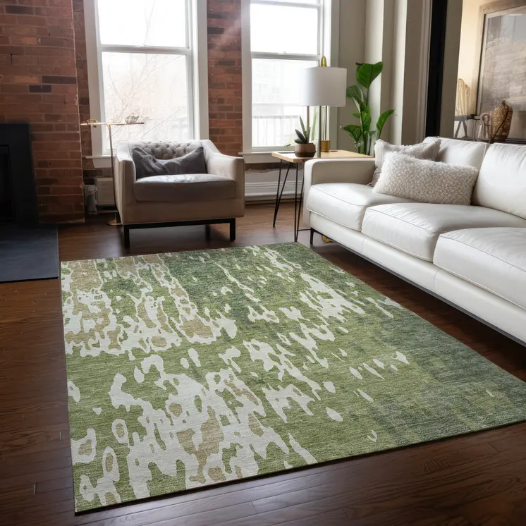 3' X 5' Sage And Ivory Abstract Washable Indoor Outdoor Area Rug