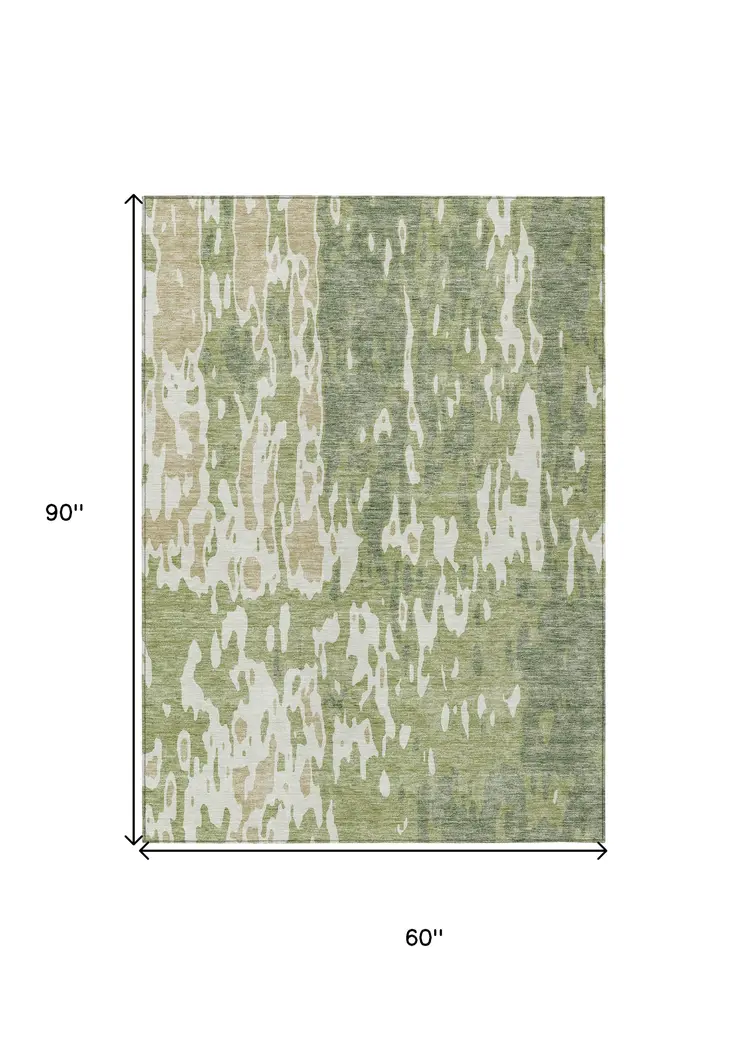 5' X 8' Sage And Ivory Abstract Washable Indoor Outdoor Area Rug
