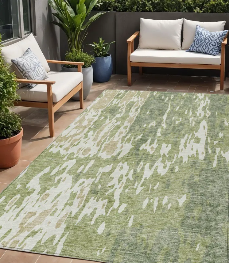 5' X 8' Sage And Ivory Abstract Washable Indoor Outdoor Area Rug
