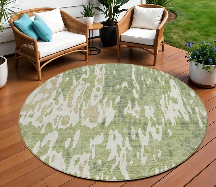 8' Sage And Ivory Round Abstract Washable Indoor Outdoor Area Rug