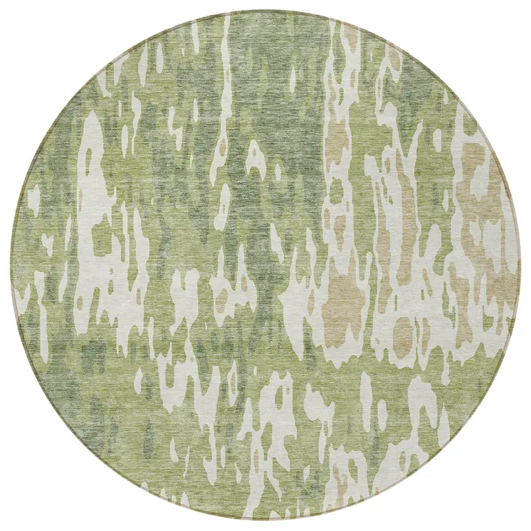 8' Sage And Ivory Round Abstract Washable Indoor Outdoor Area Rug