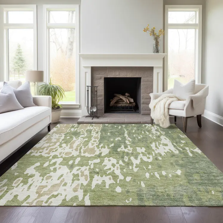 8' X 10' Sage And Ivory Abstract Washable Indoor Outdoor Area Rug