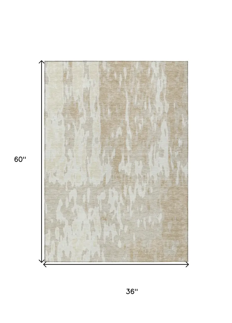 3' X 5' Beige And Ivory Abstract Washable Indoor Outdoor Area Rug