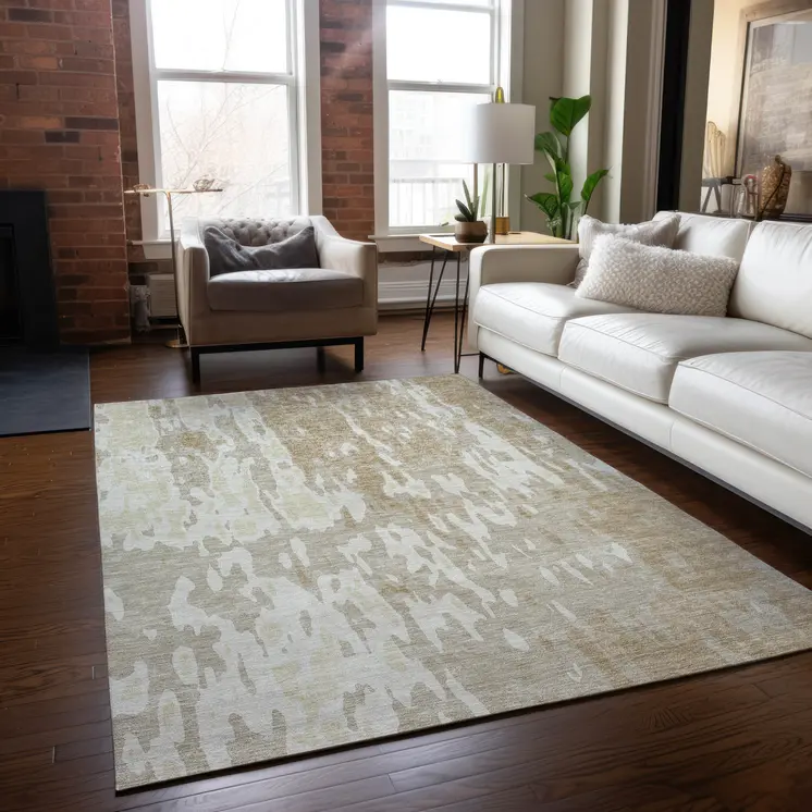 3' X 5' Beige And Ivory Abstract Washable Indoor Outdoor Area Rug