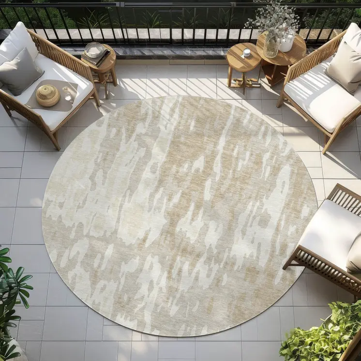 8' Beige And Ivory Round Abstract Washable Indoor Outdoor Area Rug