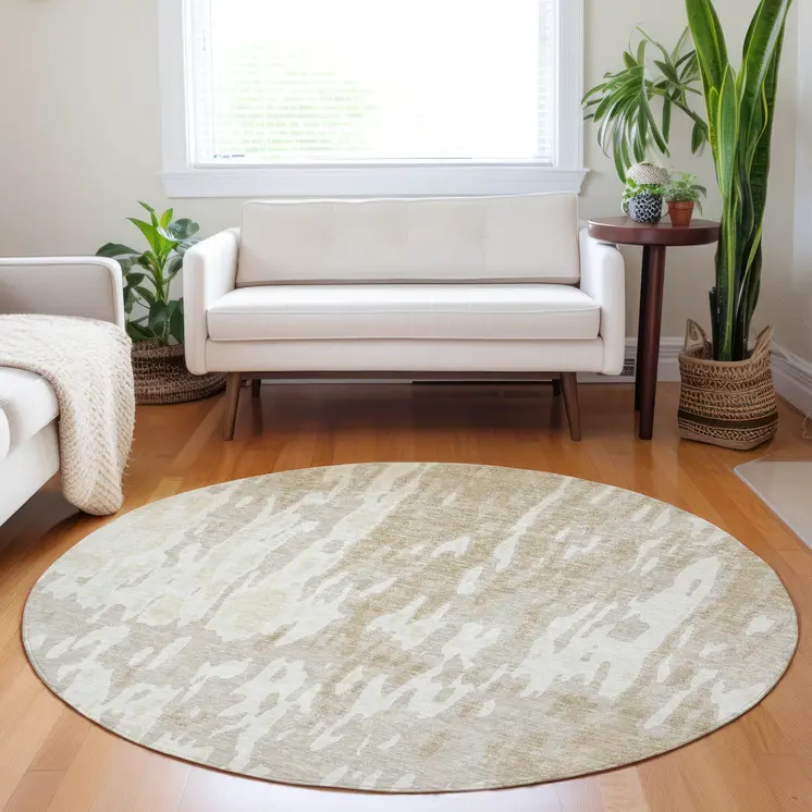 8' Beige And Ivory Round Abstract Washable Indoor Outdoor Area Rug