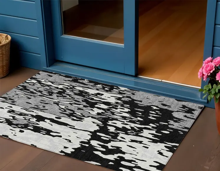 3' X 5' Black And Ivory Abstract Washable Indoor Outdoor Area Rug