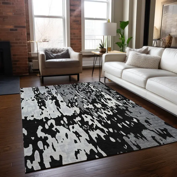 5' X 8' Black And Ivory Abstract Washable Indoor Outdoor Area Rug
