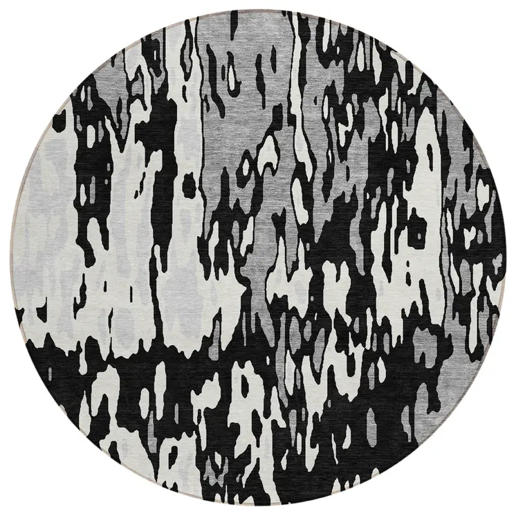 8' Black And Ivory Round Abstract Washable Indoor Outdoor Area Rug