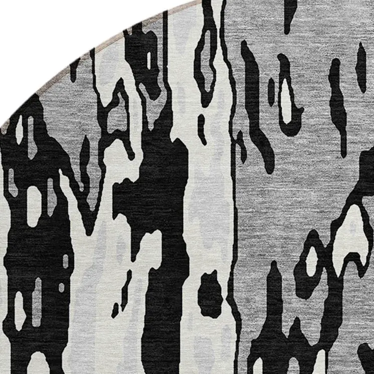 8' Black And Ivory Round Abstract Washable Indoor Outdoor Area Rug