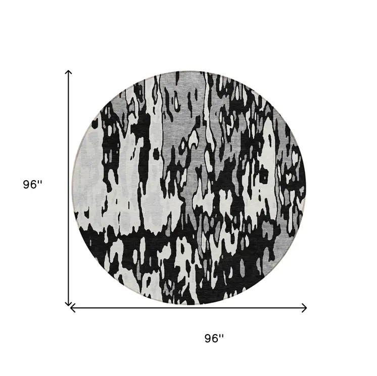 8' Black And Ivory Round Abstract Washable Indoor Outdoor Area Rug