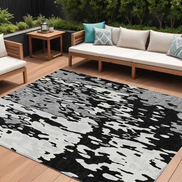 10' X 14' Black And Ivory Abstract Washable Indoor Outdoor Area Rug