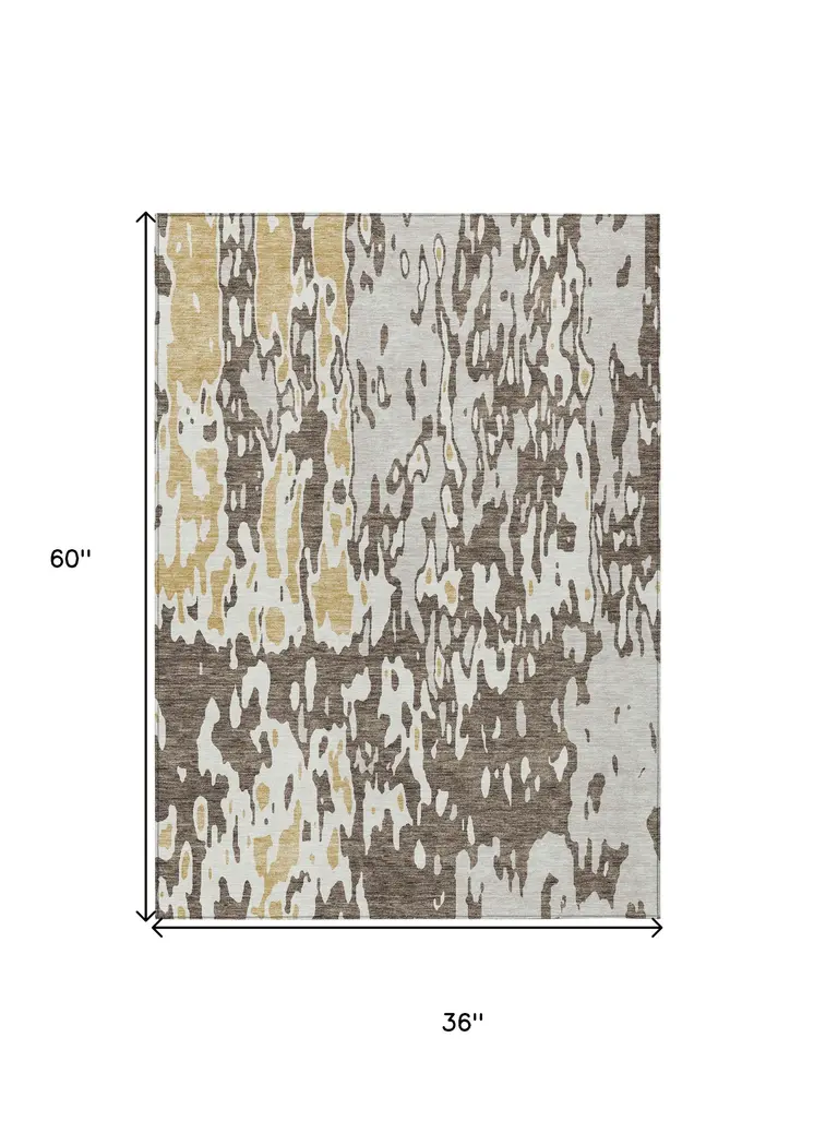 3' X 5' Brown And Ivory Abstract Washable Indoor Outdoor Area Rug