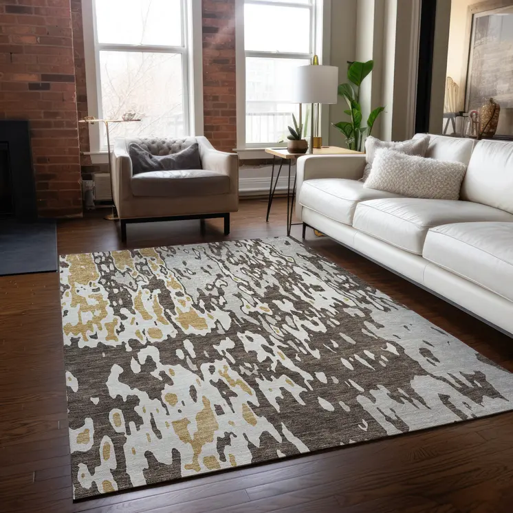 3' X 5' Brown And Ivory Abstract Washable Indoor Outdoor Area Rug