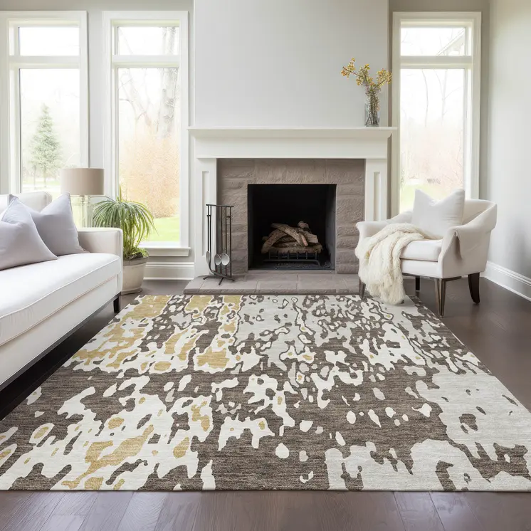 3' X 5' Brown And Ivory Abstract Washable Indoor Outdoor Area Rug