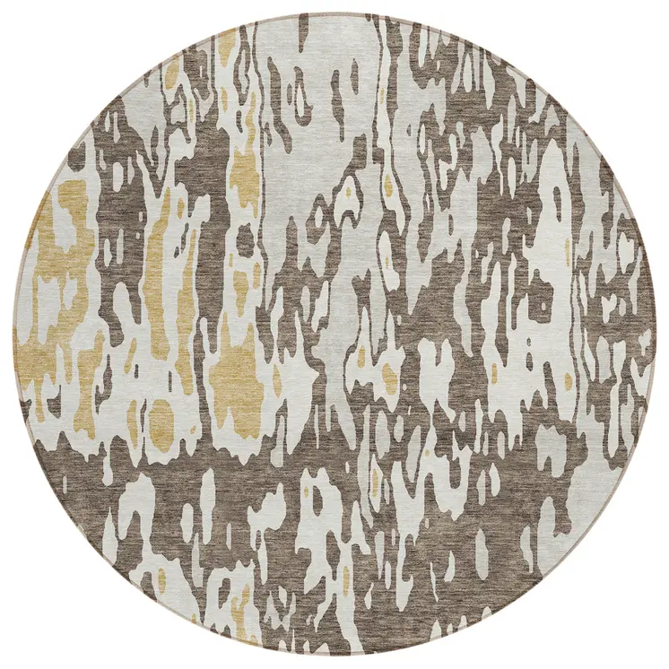 8' Brown And Ivory Round Abstract Washable Indoor Outdoor Area Rug