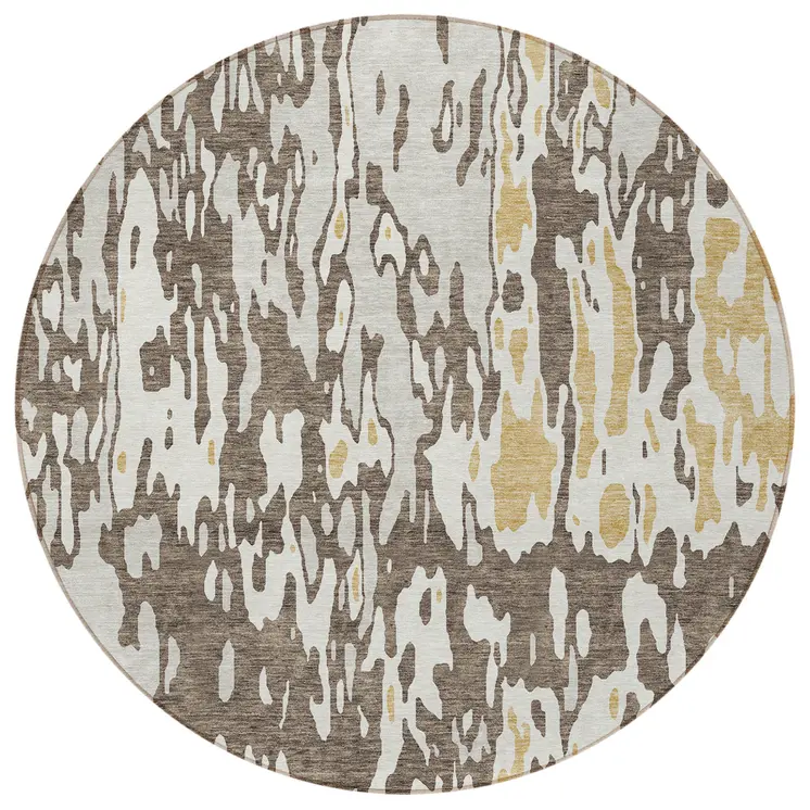 8' Brown And Ivory Round Abstract Washable Indoor Outdoor Area Rug
