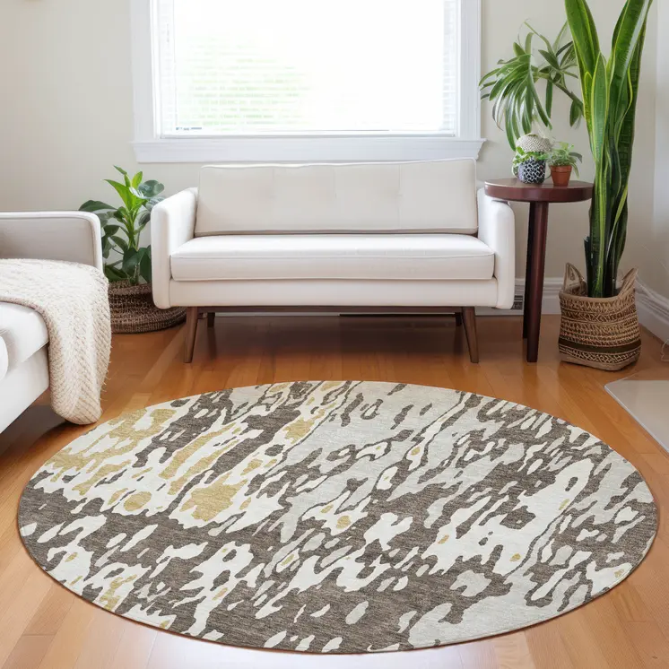 8' Brown And Ivory Round Abstract Washable Indoor Outdoor Area Rug
