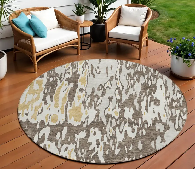 8' Brown And Ivory Round Abstract Washable Indoor Outdoor Area Rug