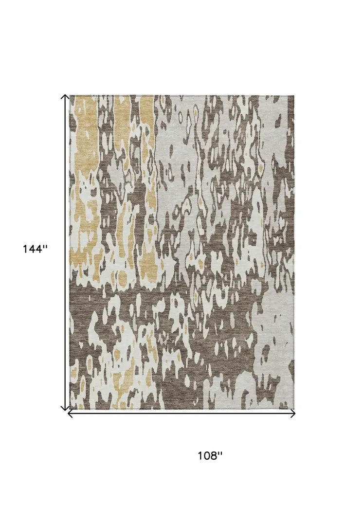 9' X 12' Brown And Ivory Abstract Washable Indoor Outdoor Area Rug