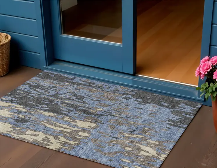 3' X 5' Denim Blue And Beige Abstract Washable Indoor Outdoor Area Rug