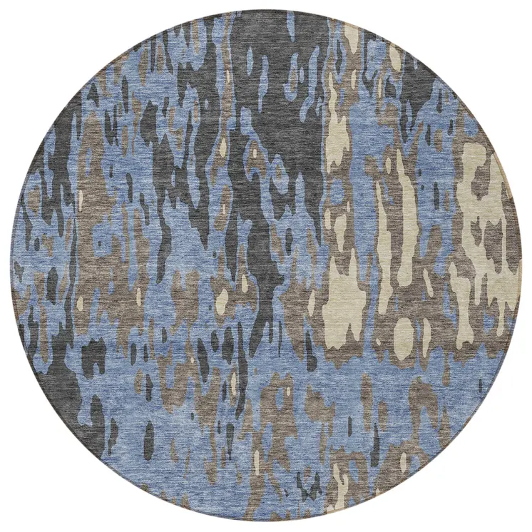 8' Denim Blue And Beige Round Abstract Washable Indoor Outdoor Area Rug
