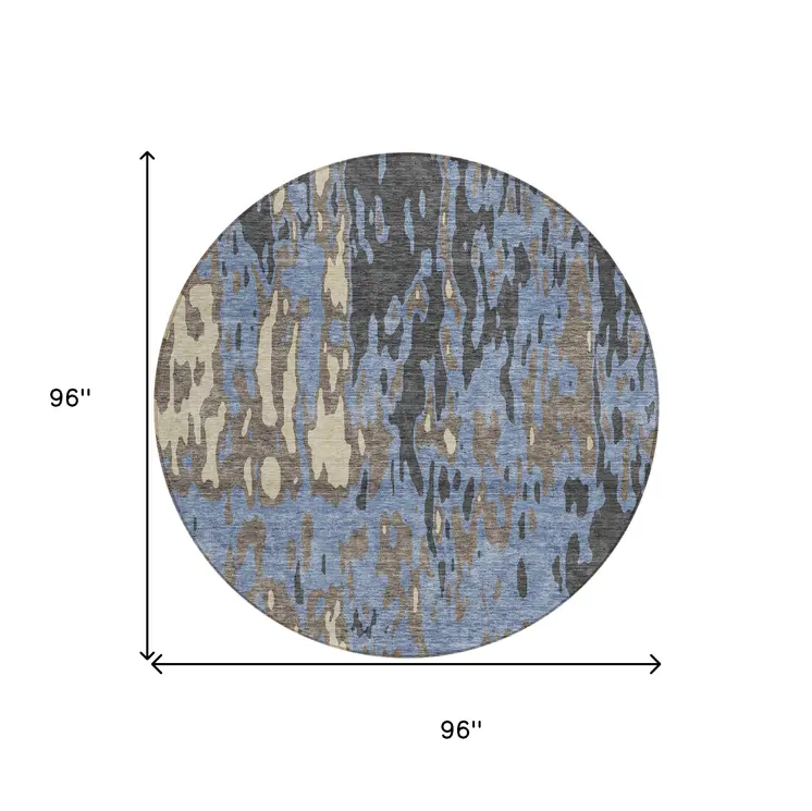 8' Denim Blue And Beige Round Abstract Washable Indoor Outdoor Area Rug