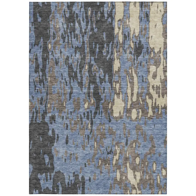 8' X 10' Denim Blue And Beige Abstract Washable Indoor Outdoor Area Rug