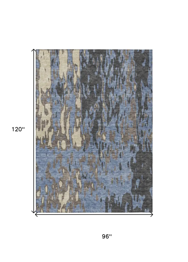 8' X 10' Denim Blue And Beige Abstract Washable Indoor Outdoor Area Rug