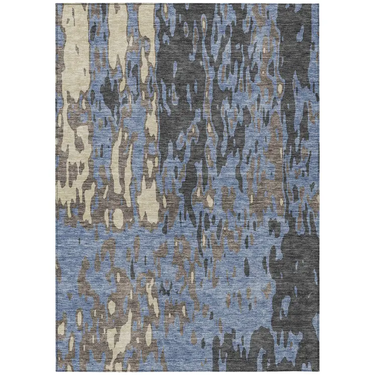 10' X 14' Denim Blue And Beige Abstract Washable Indoor Outdoor Area Rug