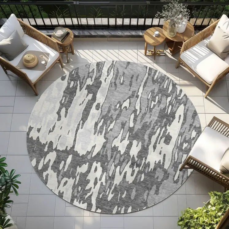 8' Gray And Ivory Round Abstract Washable Indoor Outdoor Area Rug
