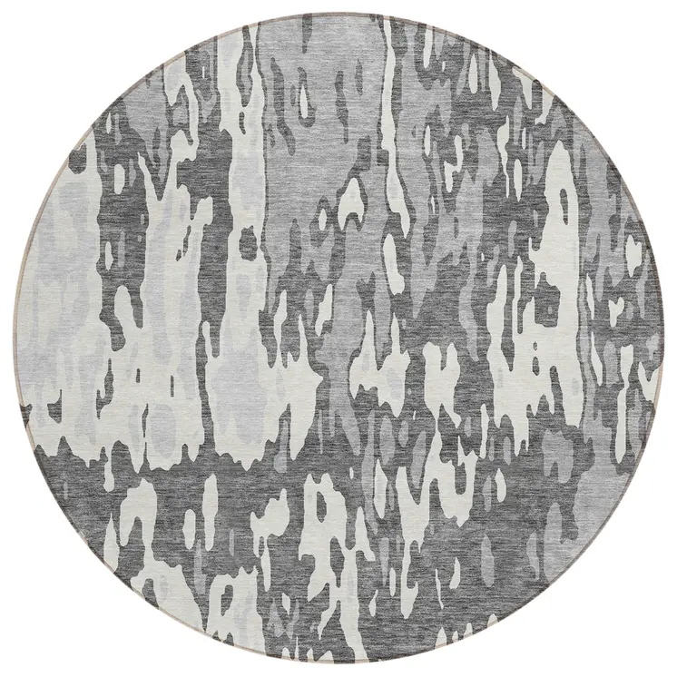 8' Gray And Ivory Round Abstract Washable Indoor Outdoor Area Rug
