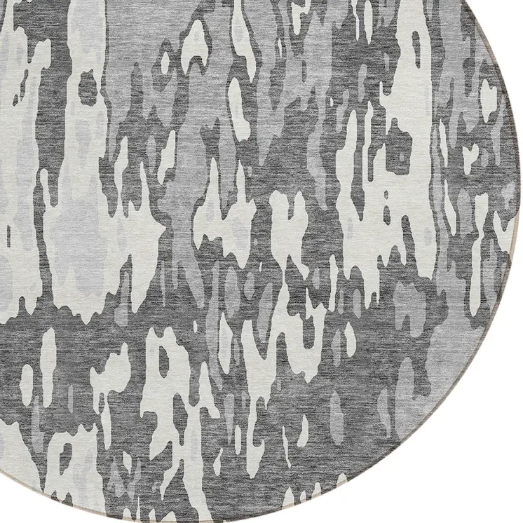 8' Gray And Ivory Round Abstract Washable Indoor Outdoor Area Rug