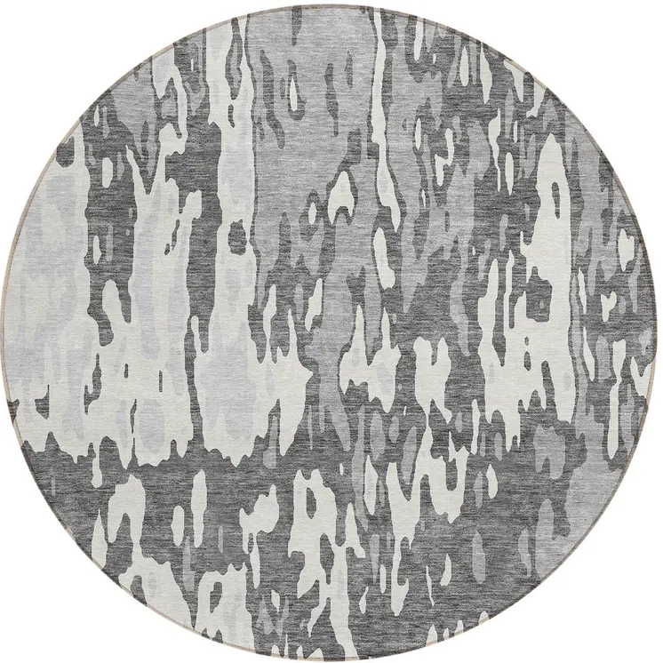 8' Gray And Ivory Round Abstract Washable Indoor Outdoor Area Rug