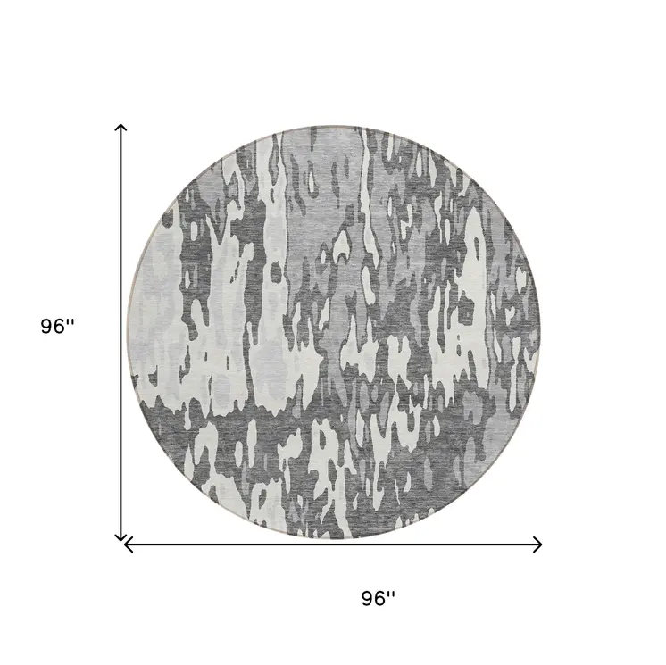 8' Gray And Ivory Round Abstract Washable Indoor Outdoor Area Rug
