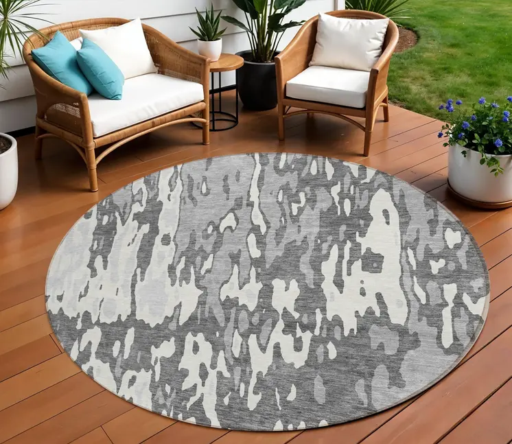 8' Gray And Ivory Round Abstract Washable Indoor Outdoor Area Rug
