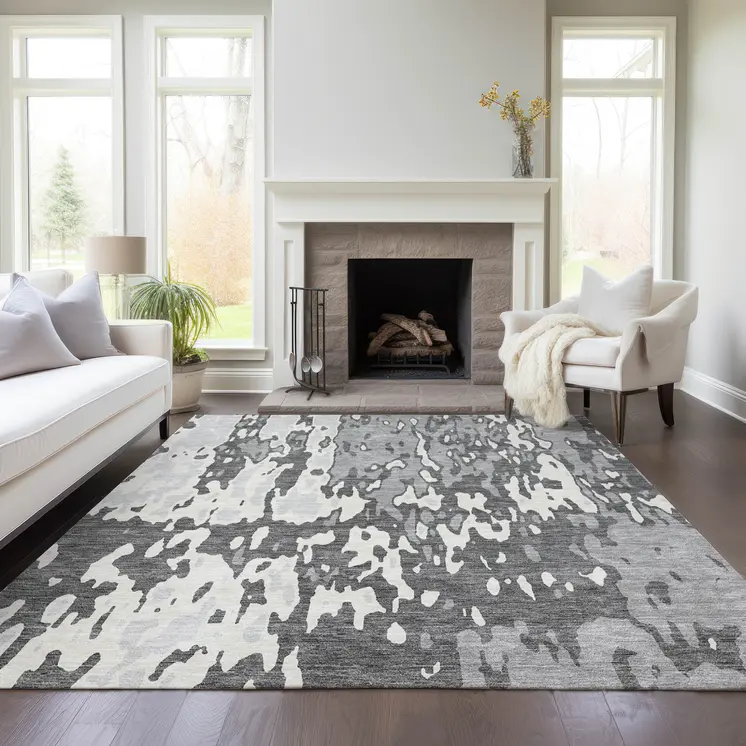8' X 10' Gray And Ivory Abstract Washable Indoor Outdoor Area Rug