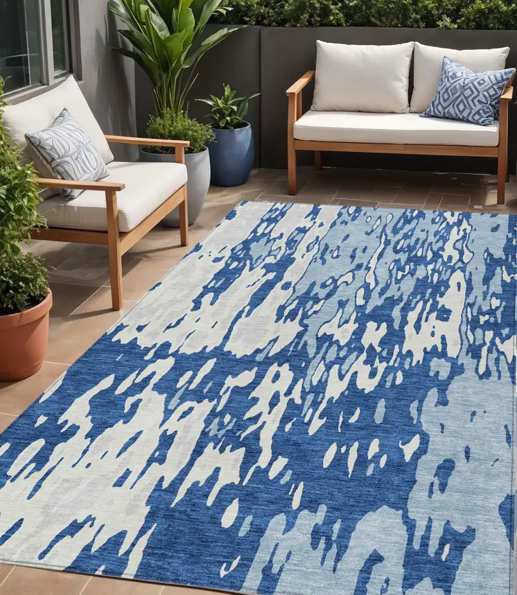 5' X 8' Navy Blue And Ivory Abstract Washable Indoor Outdoor Area Rug