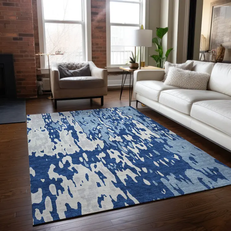 5' X 8' Navy Blue And Ivory Abstract Washable Indoor Outdoor Area Rug