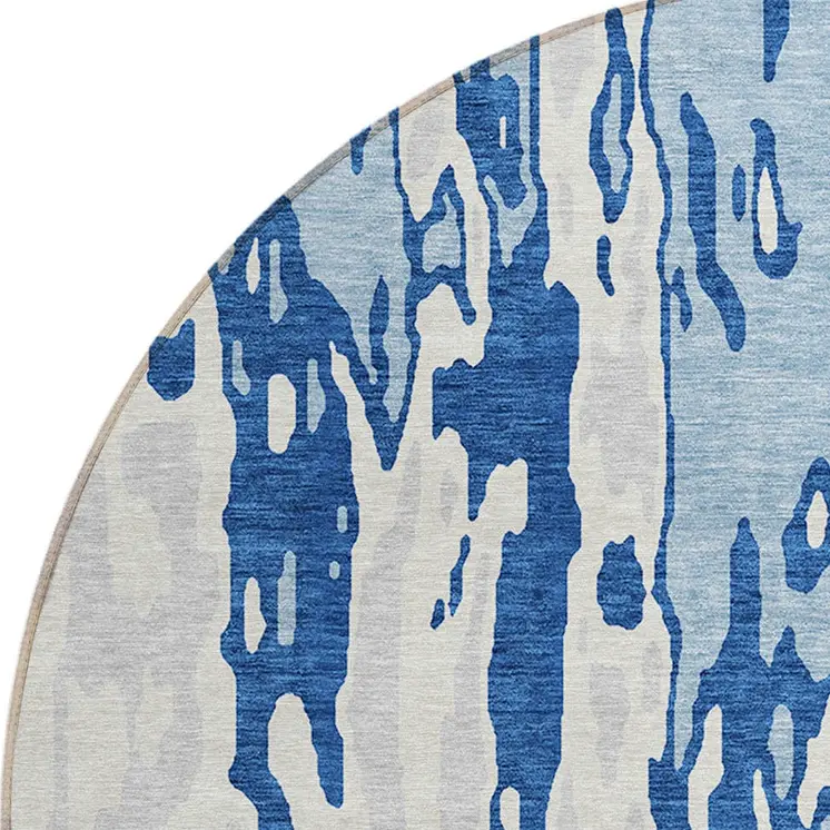 8' Navy Blue And Ivory Round Abstract Washable Indoor Outdoor Area Rug
